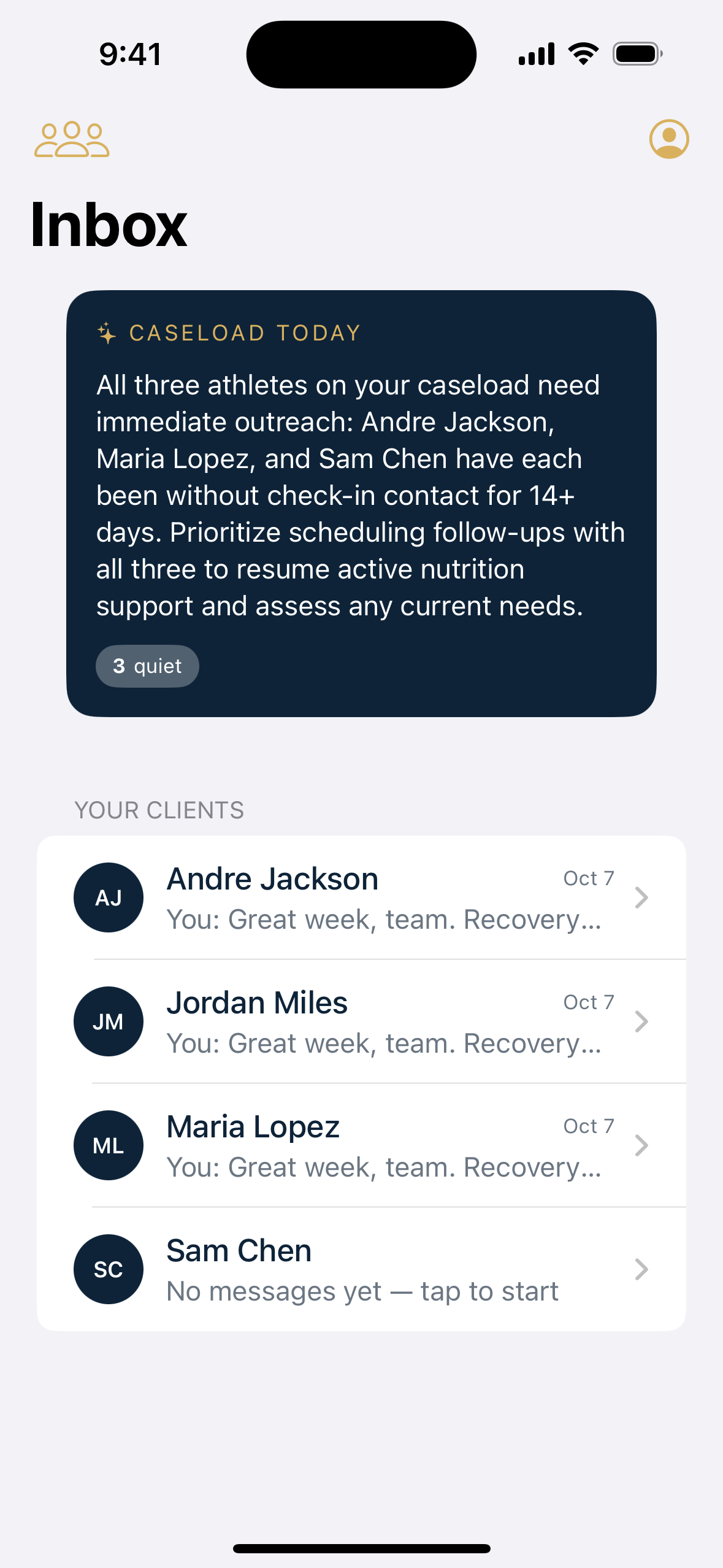 The dietitian's caseload inbox with an AI summary of who needs attention today