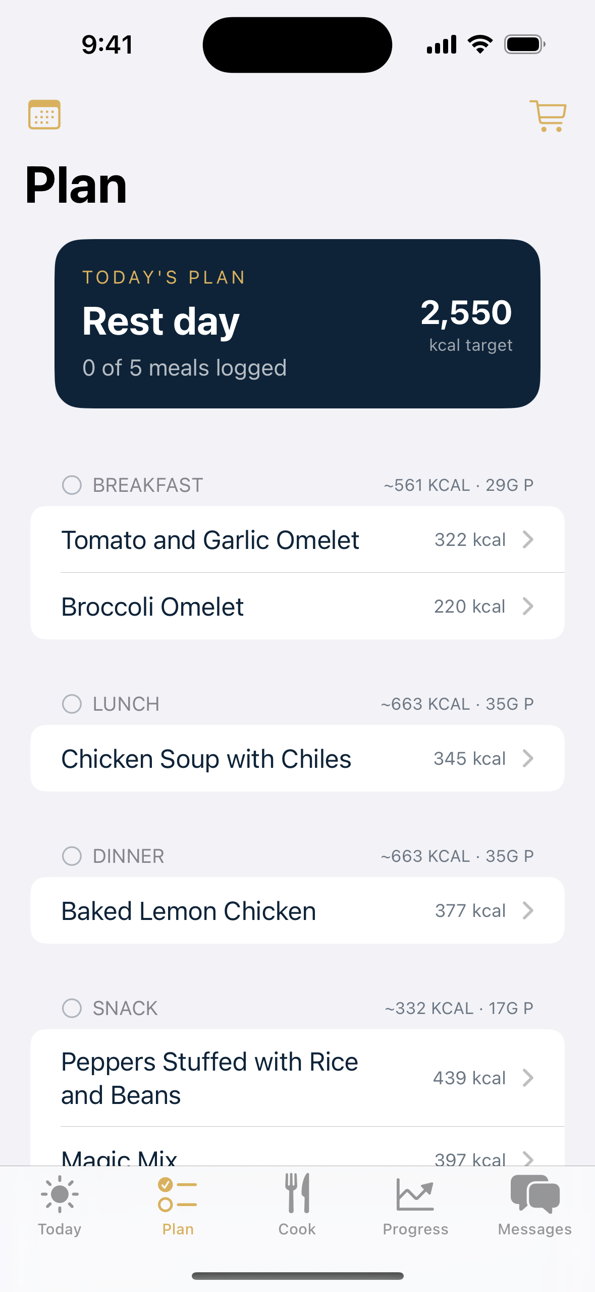 The athlete's prescribed plan for the day, with cook-ready recipes under each meal